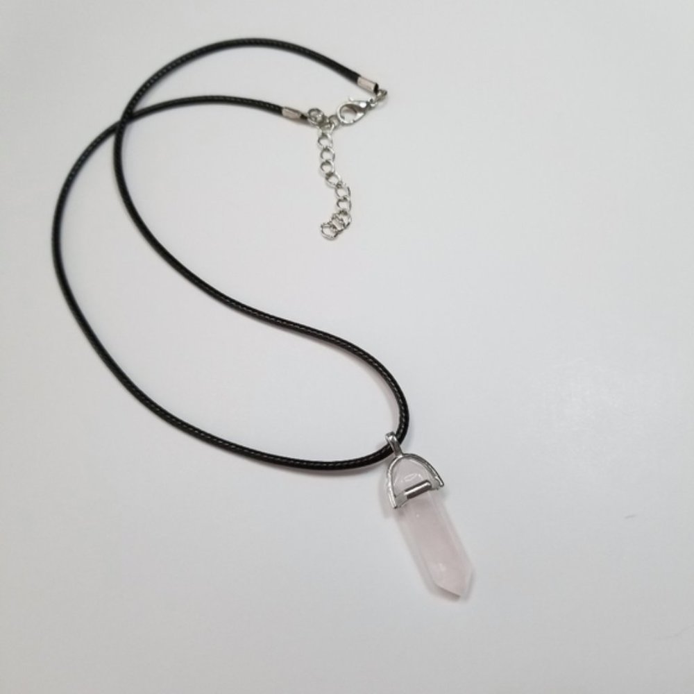 Pink Hexagonal Quartz Pendant on Black Cord Necklace